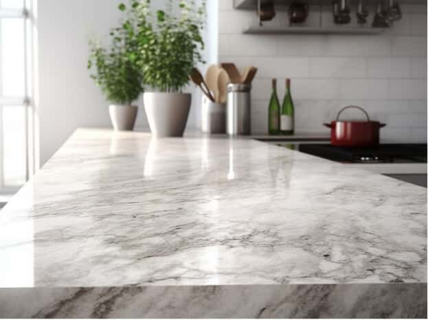 Bright colored marble countertop with sheen reflecting counter